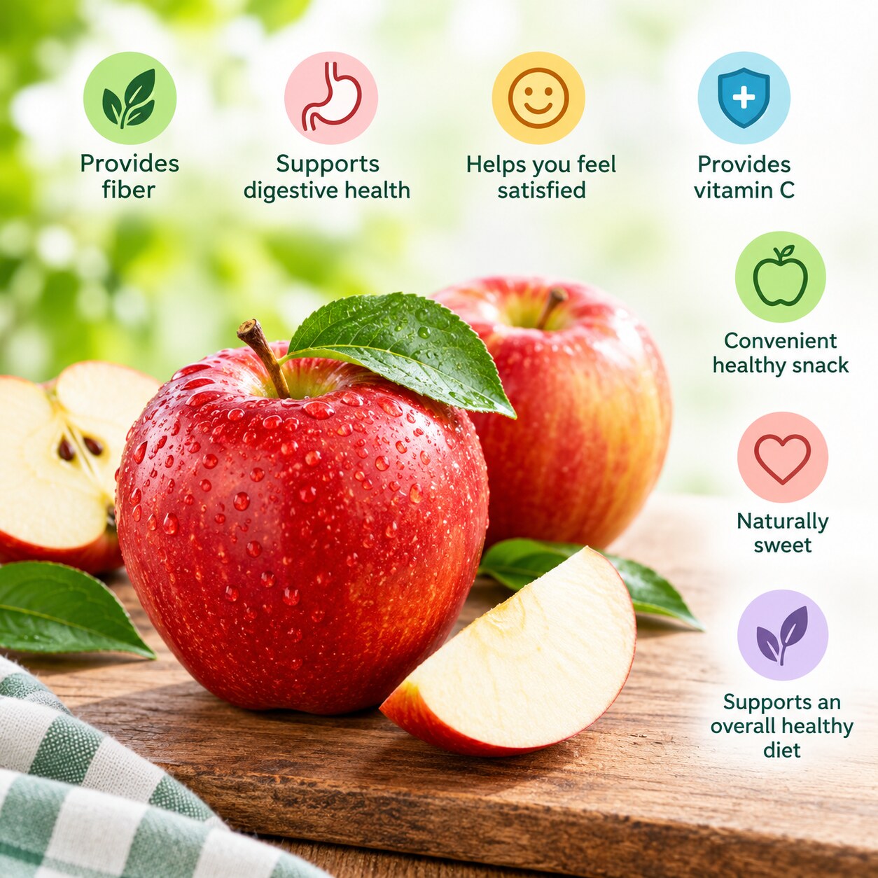 Fresh apples on a wooden board
